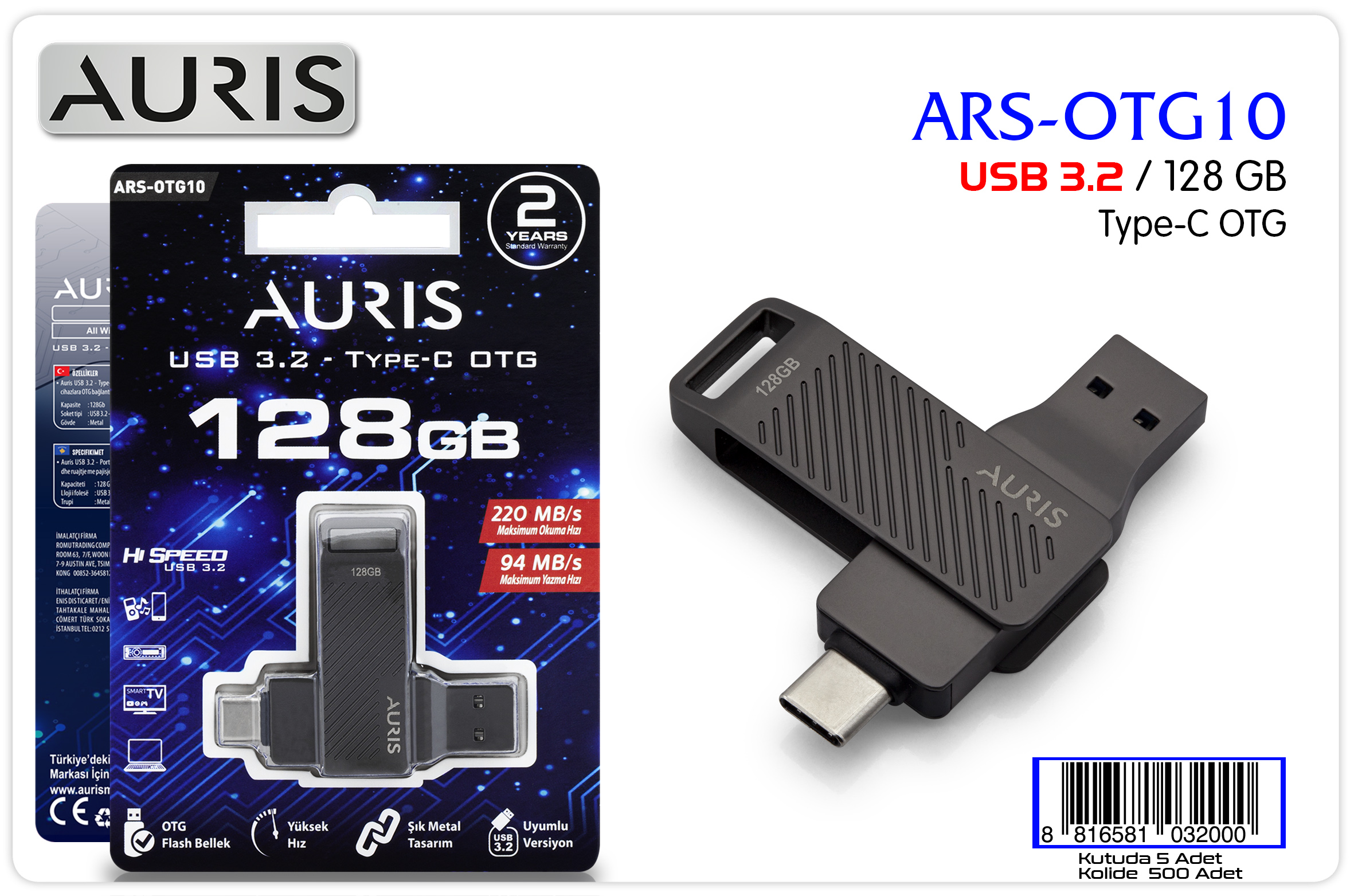 Auris OTG10 128 GB USB 3-2 Type-C Flash Bellek